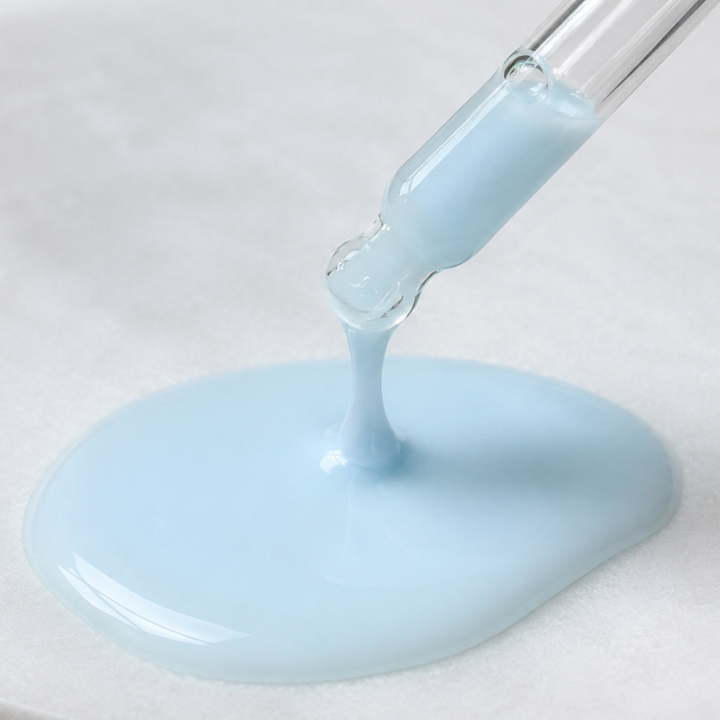 A close-up of a clear glass dropper dispensing a light blue cosmetic or skincare serum onto a white surface, forming a smooth, glossy puddle of pale blue liquid.