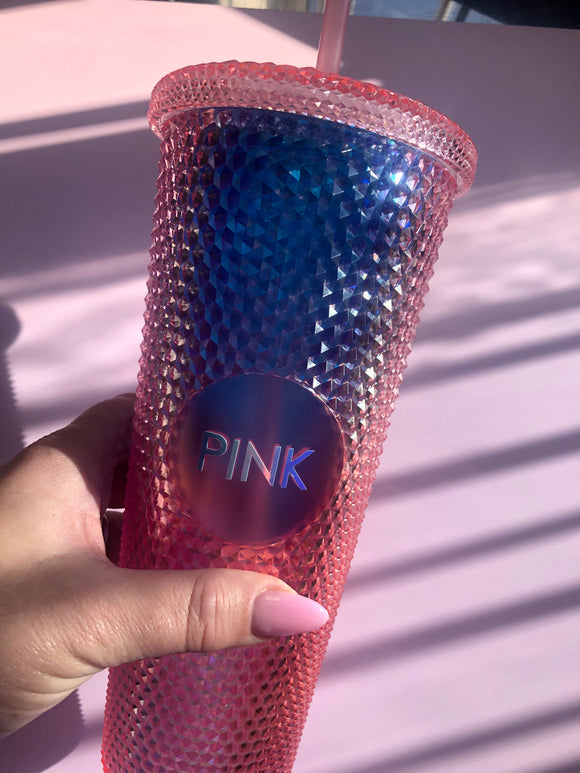 Pink holographic drinking cup with straw