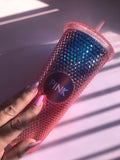 Pink holographic drinking cup with straw