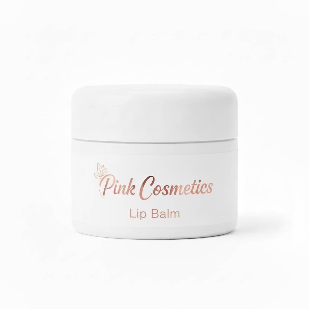 White cosmetic tub with Pink Cosmetics and Lip Balm text
