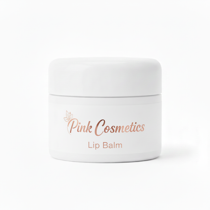White cosmetic tub with Pink Cosmetics and Lip Balm text